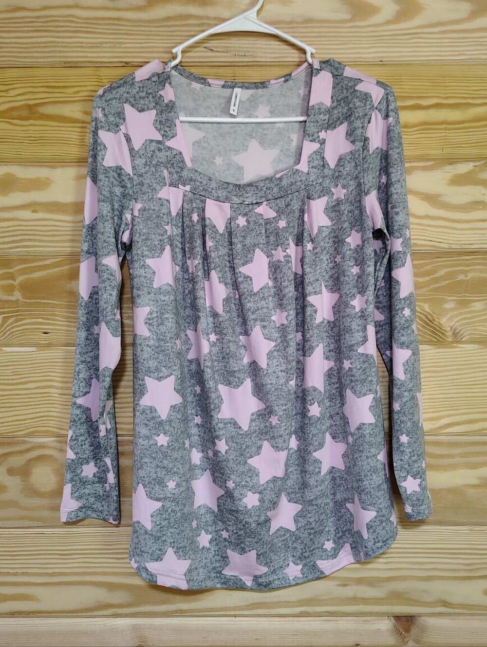 Longyuan Women's Gray Pink Star Print Long Sleeve Tunic Top Small PJ Top Cozy